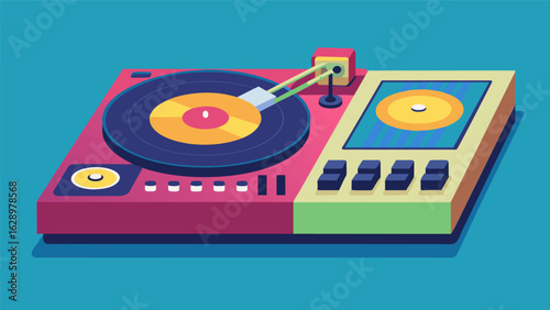 A record player sits next to the mixing console ready to instantly play any record that catches the producers eye. Vector illustration