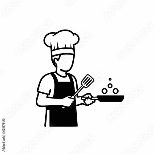 Chef Cooking in Kitchen with Spatula and Frying Pan for Culinary Blogs, Recipe Websites, Cooking Education, Food Enthusiast Content, and Social Media Posts  
