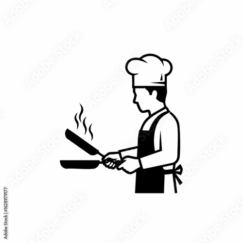 Chef Cooking with Frying Pans and Steam for Culinary Blogs, Recipe Websites, Cooking Classes, Food Education, and Restaurant Marketing  