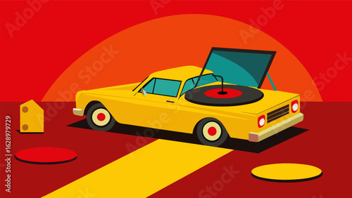 A bold yellow vintage music box car with a record player in the passenger seat and a bright red vinyl carpet covering the floor. Vector illustration