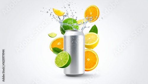 Refreshing citrus soda can splashing with lemon, lime, and orange slices.