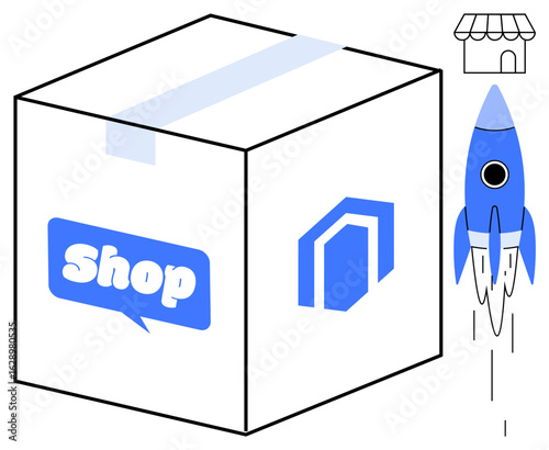 Box with shop branding, a storefront, and a rocket emphasizing rapid shipping and e-commerce. Ideal for online shopping, delivery, retail logistics, startup growth, innovation, online business