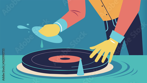 A person with latex gloves delicately holds a record under running water washing away any builtup grime or dirt. Vector illustration