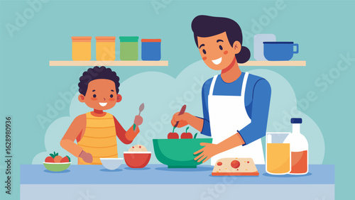 A parent and child cooking together taking their time to measure out ingredients and savoring the experience of creating a meal..