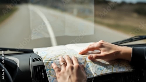 Road Trip Navigation: Hands on Map in Car, Exploring Scenic Route Adventure