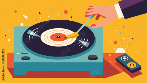 A record player spins in the background as a hand with a specialized brush delicately removes any static or debris from the surface of a record. Vector illustration