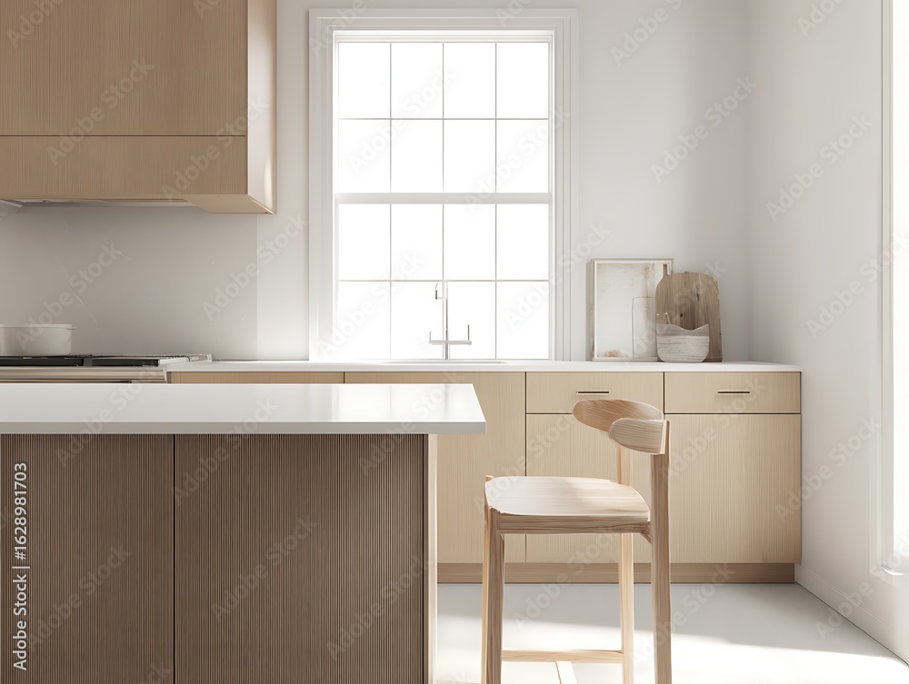Fototapeta premium Natural light enhances the minimalist kitchen showing wood cabinets and breakfast bar with light chair