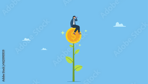 Woman look through binoculars on plant with money coin flower. Investment or saving growth, growing wealth, financial and banking forecast, earning profit or grow income or mutual fund return.