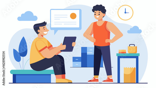 A beginner receiving constructive feedback and personalized tips from the coach after completing a workout.. Vector illustration