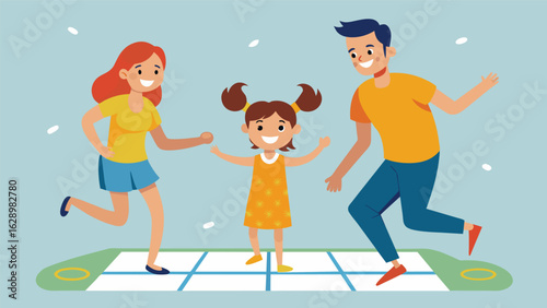A family enjoying some friendly competition and getting a good sweat going with a game of Hopscotch Hopscotch incorporating hopping and fitness. Vector illustration