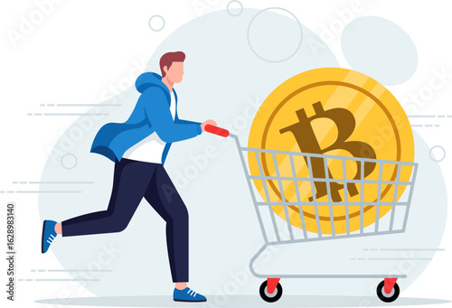 Illustration of a man pushing a shopping cart with a large Bitcoin, symbolizing cryptocurrency purchase and digital currency investment.