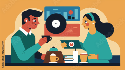 A record collector sipping on a cup of espresso eagerly discussing the latest additions to their vinyl collection with the barista in between songs. Vector illustration