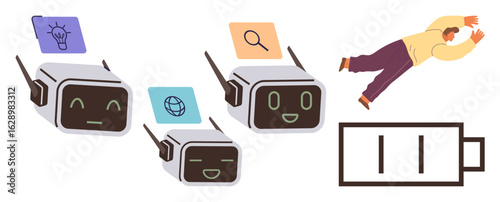 Robots with lightbulb, search, and internet icons work efficiently. Exhausted person falls near a low battery, symbolizing energy depletion. Ideal for automation, efficiency, fatigue, workload AI
