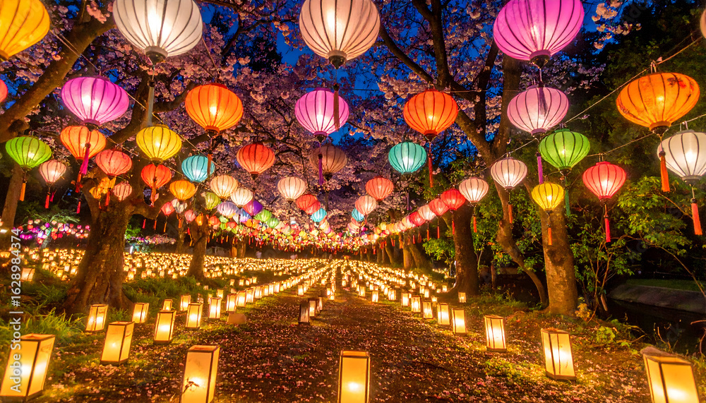 Obraz premium Illuminated Path: Lanterns and Cherry Blossoms at Night in a Japanese Garden