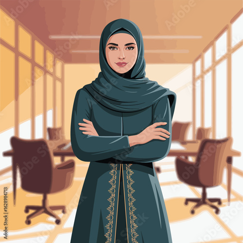 Hijab-Wearing Woman Icon – Flat Style Avatar. Muslim Female Character. Traditional Asian Hijab Vector Illustration