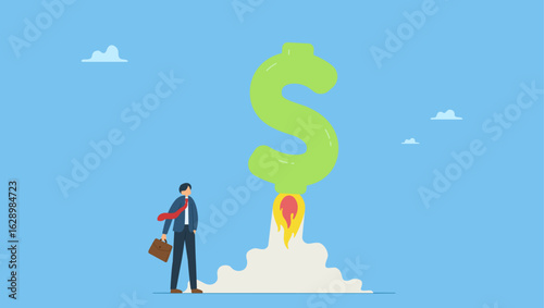 Businessman company owner or investor with dollar money sign launch rocket booster high in sky. Boost your income, growth increasing business revenue or profit, rising investment earning.