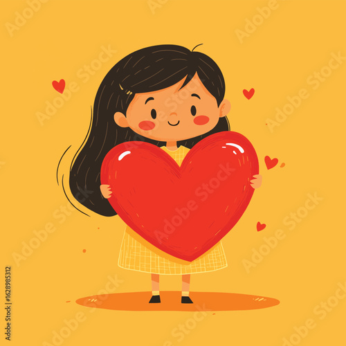 Adorable girl hugging a large red heart in a sunny, vibrant spring meadow. Childhood love, kindness, and happiness in nature