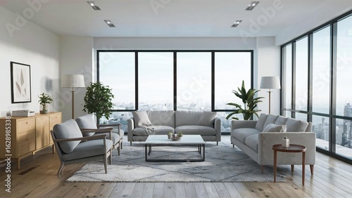 Modern living room with city view and large windows