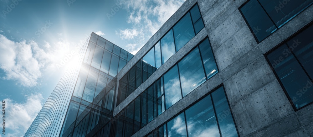 Obraz premium Modern office building facade under a partly cloudy sky