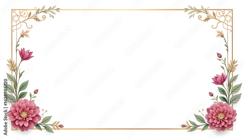 Obraz premium Beautiful botanical frame with pink dahlia flowers and gold accents.