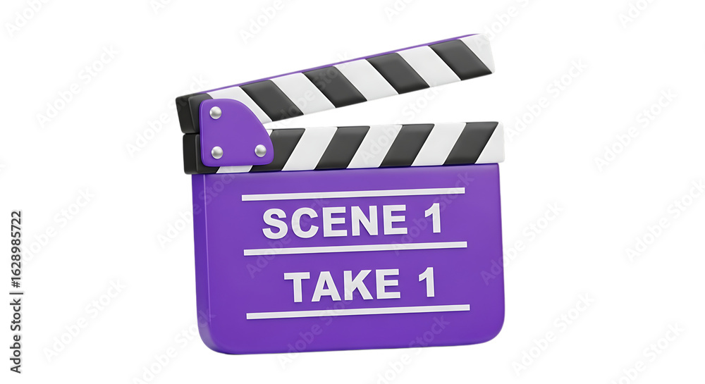 Obraz premium Purple movie clapperboard with scene 1 take 1 text isolated on transparent background