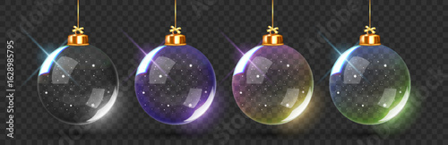 Christmas and New Year 3D glass bauble set with snow inside. Realistic transparent ornaments. Ideal for winter holiday decoration, greeting cards, and festive designs.
