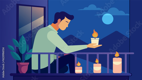 A man sits on his balcony melting down old candles to create a new one with a custom blend of scents enjoying the peaceful evening air and the.