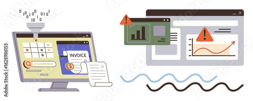 Computer monitor showing financial invoices, data charts, and error alerts. Coding data flow and graphs illustrate finance, analytics, error alerts, business management, reporting, data security