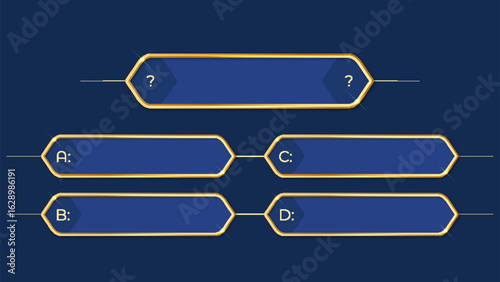 Game quiz interface with elegant gold-trimmed blue panels for questions and answers. Classic TV show style layout for trivia, educational games, or interactive social media quizzes.