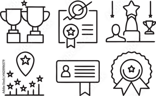 Collection of black outline icons representing awards trophies and achievements trophy success