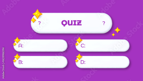Modern 3D quiz template layout. Vector banner design for trivia games, multiple choice questions, or educational content. Stylish interface in contemporary style.
