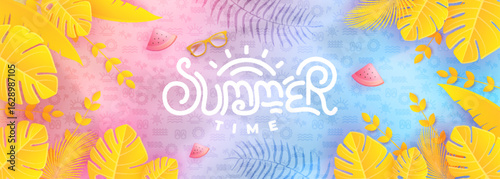 Summer sale features a paper-cut tropical background in bright colors. Combining the concept of tropical leaves and discount vouchers. Vector illustration template.