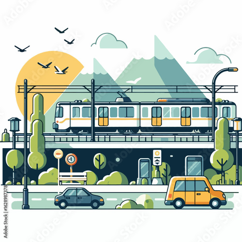 Colorful, flat design illustration depicting a city transit scene, with a train, cars, and a landscape background.
