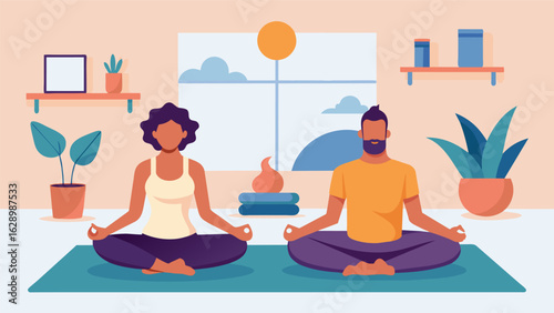 A couple practicing yoga poses in a serene and quiet room incorporating ketamine therapy to find balance and instill a sense of calm..