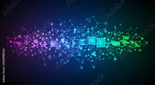 Futuristic digital network of glowing geometric nodes in a vibrant purple blue and green gradient.