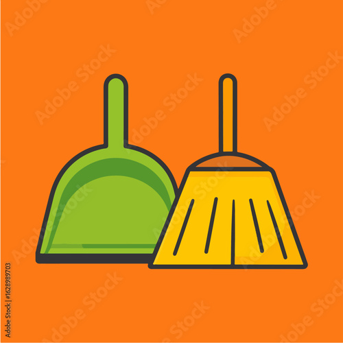 An illustration of a green dustpan and a yellow broom, set against a vibrant orange background, ideal for cleaning services or household chores concepts.