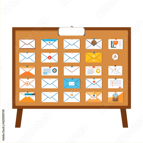 Cartoon bulletin board with various envelopes, notes, and icons attached with push pins, representing communication, organization, project management and visual planning.