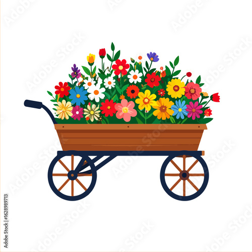 Charming vector illustration of a wooden wheelbarrow brimming with vibrant flowers, showcasing springtime joy and the beauty of nature.