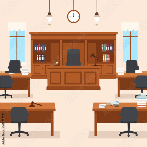 A vector illustration of an empty courtroom with a judge's bench, desks, chairs, law books, wooden furniture, and natural lighting from the windows.