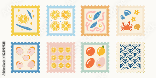 Collection of artistic postage stamps featuring fruits and sea life