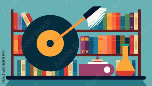 A record cleaning brush sits on a shelf in a music enthusiasts collection of vinyl a staple tool for maintaining their beloved records. Vector illustration