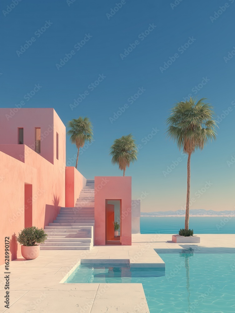 Fototapeta premium A modern pink villa with a pool and palm trees, perfect for a summer getaway.