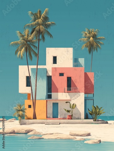 Vibrant abstract house at the beach with palm trees under a clear sky