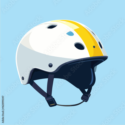 Illustrated white helmet with a yellow stripe on a light blue background, perfect for various outdoor activities like skateboarding, cycling, and other sports, ensuring safety with style.