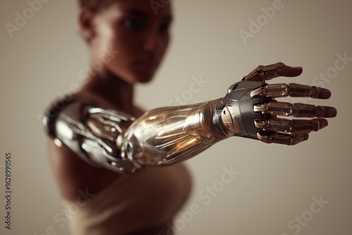 A woman showcases a detailed, futuristic bionic arm, symbolizing technological advancement and innovation.