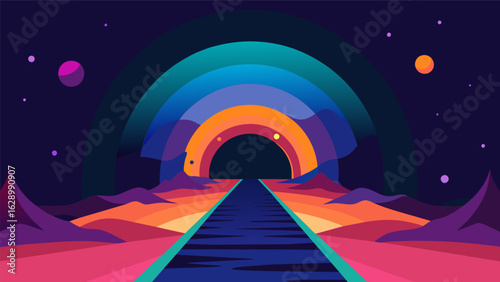 A dark tunnel opening up to a bright and colorful world..