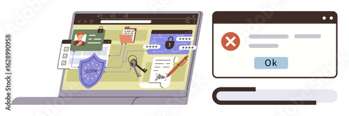 Laptop with GDPR shield, browser keys, lock, profile, and breached data alert window signifying security issues. Ideal for privacy, compliance, security, law risk hacking simple flat metaphor