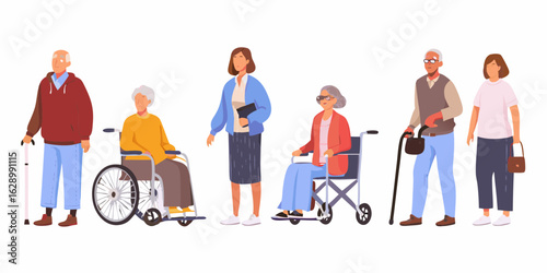 Diverse group of seniors and caregivers in a flat illustration style