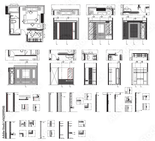 2D Vector Drawing of Master Bedroom Interior Design with Walk-in Closet and Bathroom – Plan, Elevation, and Section Details