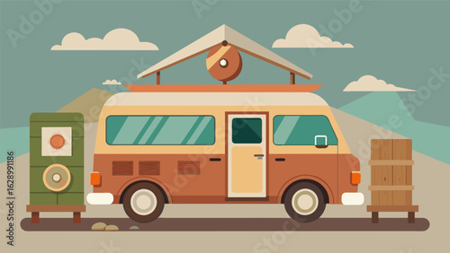 A rusticchic mobile vinyl van featuring a worn wooden exterior and a rustic turntable inviting passerby in a small town square to gather around and Vector illustration